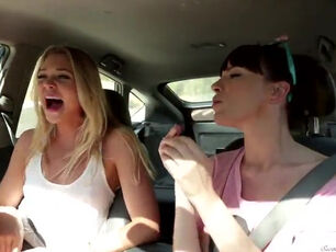 2 euro girly-girl gfs taunting each other cooters in the car
