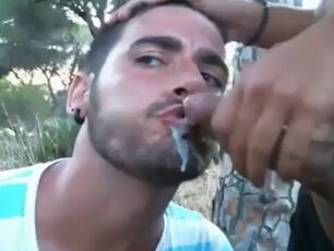 Mexican fellow getting jizz load in facehole outdoor
